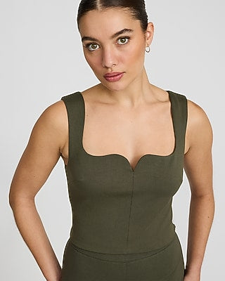 Express Women's Signature Ponte Curved Sweetheart Neckline Crop Top in Olive Green