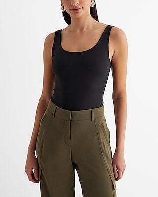 Express Women's Body Contour High Compression Ribbed Scoop Neck Bodysuit in Pitch Black