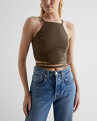 Express Women's Body Contour Textured Strappy Tie Crop Top in Olive