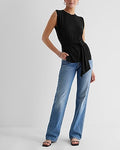 Express Women's Linen-Blend Tie Waist Muscle Tank Top in Pitch Black