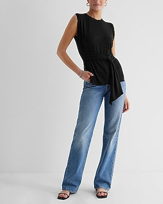 Express Women's Linen-Blend Tie Waist Muscle Tank Top in Pitch Black