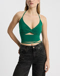 Express Women's V-Neck Twist Front Strappy Cutout Crop Top in Emerald