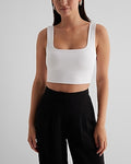 Express Women's Body Contour High Compression Square Neck Crop Top With Bra Cups in White