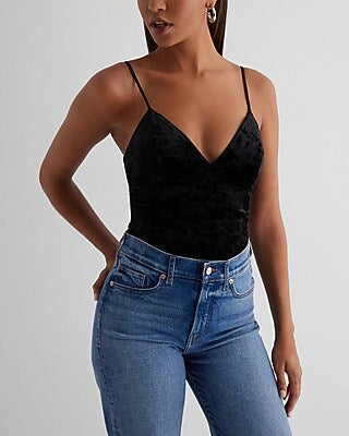 Express Women's Body Contour Crushed Velvet V-Neck Bustier Bodysuit in Pitch Black