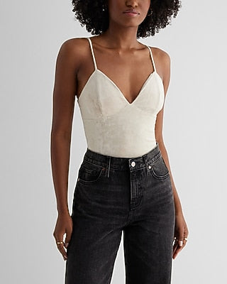 Express Women's Body Contour Crushed Velvet V-Neck Bustier Bodysuit in Neutral Small