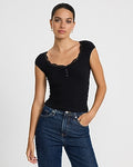 Express Women's Ribbed Scoop Neck Short Sleeve Lace Trim T-Shirt in Black Small