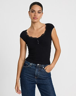 Express Women's Ribbed Scoop Neck Short Sleeve Lace Trim T-Shirt in Black Small
