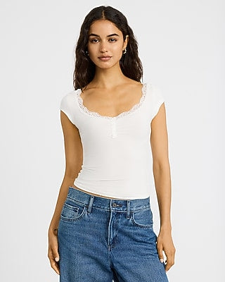 Express Women's Ribbed Scoop Neck Short Sleeve Lace Trim T-Shirt in Neutral Small