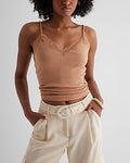 Express Women's Essential Fitted Ribbed V-Neck Lace Trim Cami in Brown Small