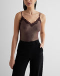Express Women's Ribbed Shine Fitted V-Neck Lace Trim Cami in Wine