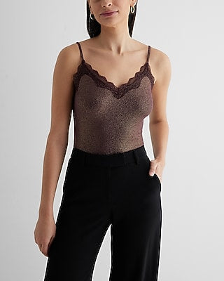 Express Women's Ribbed Shine Fitted V-Neck Lace Trim Cami in Wine