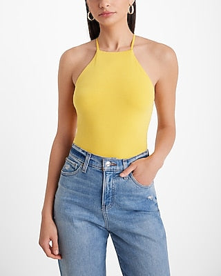 Express Women's Body Contour Compression High Neck Cross Back Cami in Bright Yellow