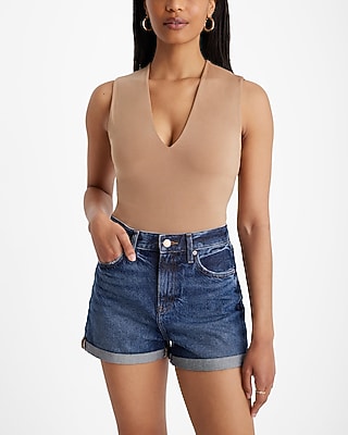 Express Women's Body Contour Compression Deep V-Neck Bodysuit in Pecan