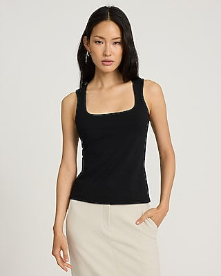 Express Women's Body Contour Light Compression Stretch Cotton Square Neck Tank Top in Pitch Black