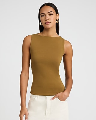 Express Women's Body Contour Light Compression Stretch Cotton Boat Neck Tank Top in Brown Small