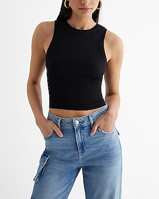 Express Women's Body Contour Seamless Ribbed High Neck Tank Top in Pitch Black