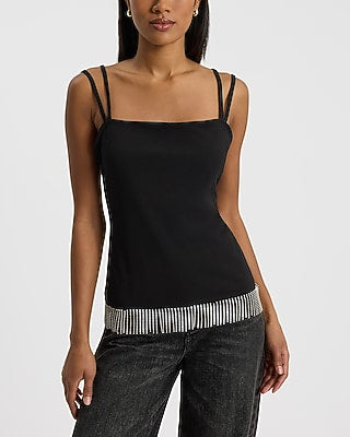 Express Women's Rhinestone Fringe Double Strap Cami in Pitch Black