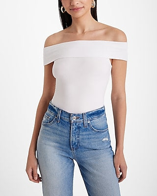 Express Women's Fitted Ribbed Off The Shoulder Overlay Top in White