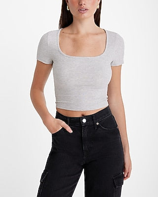 Express Women's Fitted Ribbed Square Neck Baby T-Shirt in Silver Heather Gray