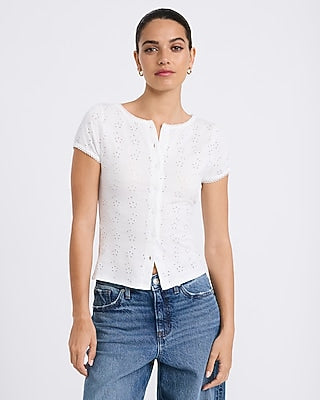 Express Women's Eyelet Crew Neck Button Front Top in Off White