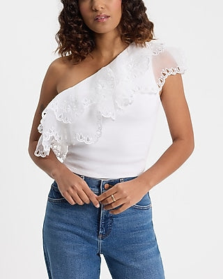 Express Women's Ribbed Eyelet Ruffle One Shoulder Crop Top in White Small