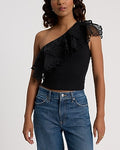 Express Women's Ribbed Eyelet Ruffle One Shoulder Crop Top in Pitch Black