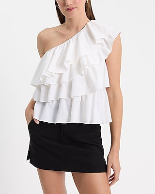 Express Women's Layered Ruffle One Shoulder Tank Top in White Small