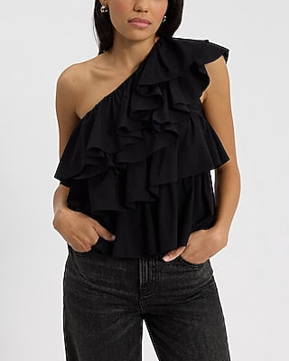 Express Women's Layered Ruffle One Shoulder Tank Top in Pitch Black
