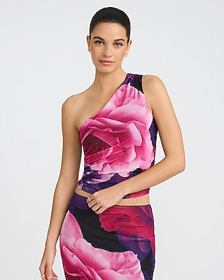 Express Women's Floral Mesh One Shoulder Tank Top in Pink Print