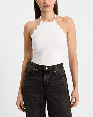 Express Women's Body Contour Light Compression Stretch Cotton Halter Neck Scalloped Sleeveless Bodysuit in White Small