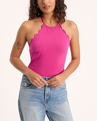 Express Women's Body Contour Light Compression Stretch Cotton Halter Neck Scalloped Sleeveless Bodysuit in Neon Berry