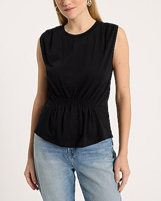 Express Women's Crew Neck Ruched Peplum Tank Top in Black Small