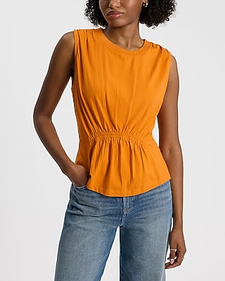 Express Women's Crew Neck Ruched Peplum Tank Top in Curry
