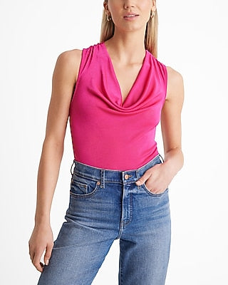 Express Women's Shine Skimming Cowl Neck Twisted Strap Tank Top in Neon Berry