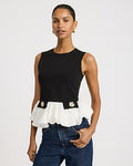 Express Women's Color Block Crew Neck Gold Button Peplum Tank Top in Jet Black