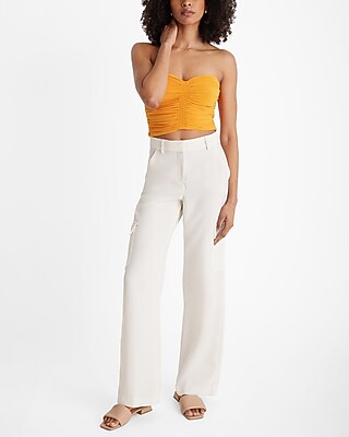Express Women's Fitted Sweetheart Neckline Ruched Crop Tube Top in Curry