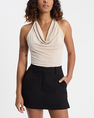 Express Women's Cowl Neck Tie Halter Open Back Tank Top in Sandshell