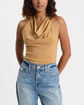 Express Women's Skimming Metallic Cowl Neck Halter Tank Top in Metallic Gold