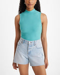 Express Women's Essential Fitted Ribbed Mock Neck Sleeveless Tank Top in Lagoon