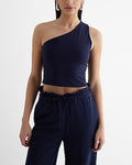 Express Women's Body Contour Stretch Cotton One Shoulder Crop Top in Navy Blue