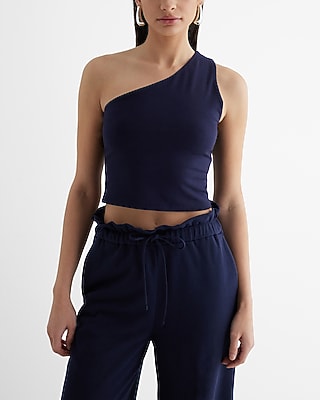 Express Women's Body Contour Stretch Cotton One Shoulder Crop Top in Navy Blue