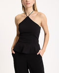 Express Women's Tie Halter Neck Peplum Top in Pitch Black