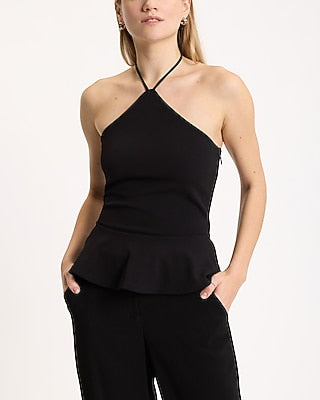 Express Women's Tie Halter Neck Peplum Top in Pitch Black