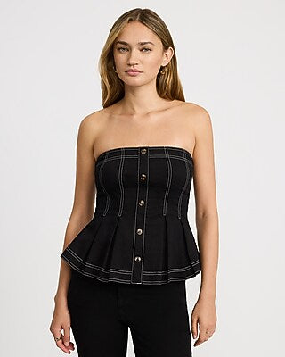 Express Women's Denim Button Front Pleated Peplum Tube Top in Black Small