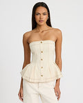 Express Women's Denim Button Front Pleated Peplum Tube Top in Cream