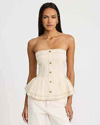 Express Women's Denim Button Front Pleated Peplum Tube Top in Neutral Small