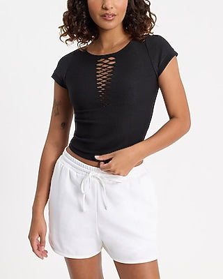 Express Women's Body Contour Seamless Ribbed Mesh Crew Neck T-Shirt in Pitch Black