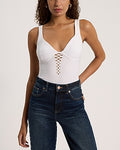 Express Women's Body Contour Seamless Ribbed V-Neck Mesh Bustier Bodysuit in White