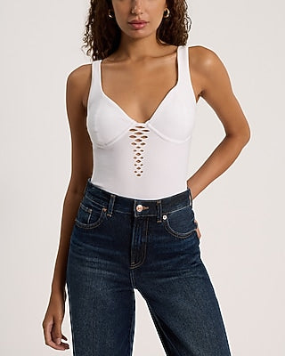 Express Women's Body Contour Seamless Ribbed V-Neck Mesh Bustier Bodysuit in White