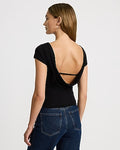 Express Women's Crepe Crew Neck Short Sleeve Draped Back Crop Top in Jet Black
